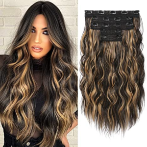 Clip in Hair Extensions 20 Inches Black Brown with Light Blonde Highlights 5PCS Hair Extension