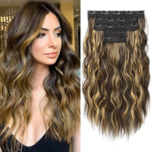 Clip in Hair Extensions 20 Inches Dark Brown with Blonde Highlights 5PCS Hair Extension