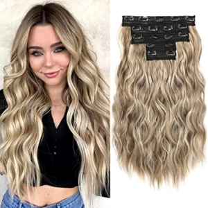 Clip in Hair Extensions 20 Inches Honey Blonde with bleach Blonde Highlights 5PCS Hair Extension